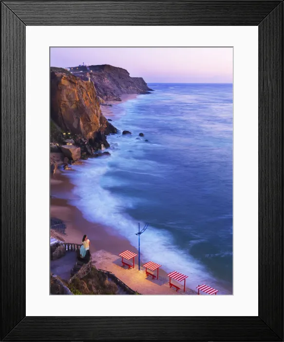 Framed Print : Portugal, Estramadura, Santa Cruz, woman at viewpoint, dusk (MR) Framed Print : Portugal, Estramadura, Santa Cruz, woman at viewpoint, dusk (MR)