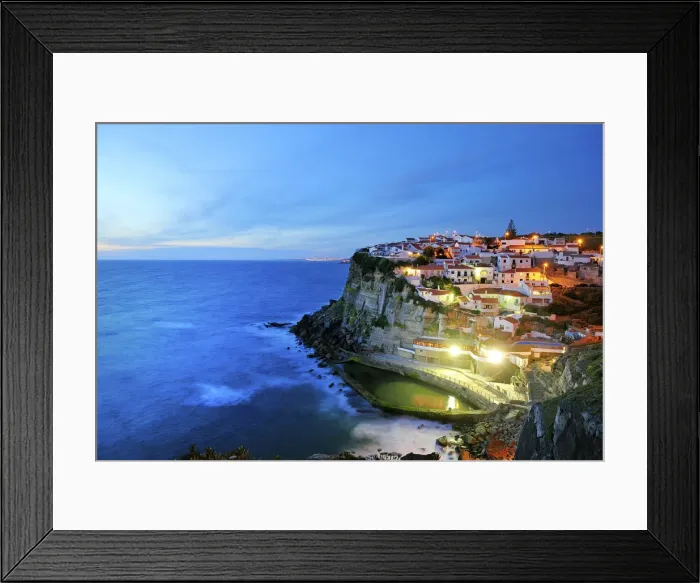 Framed Print : Azenhas do Mar at night, near Sintra, in front of the Atlantic Ocean. Portugal