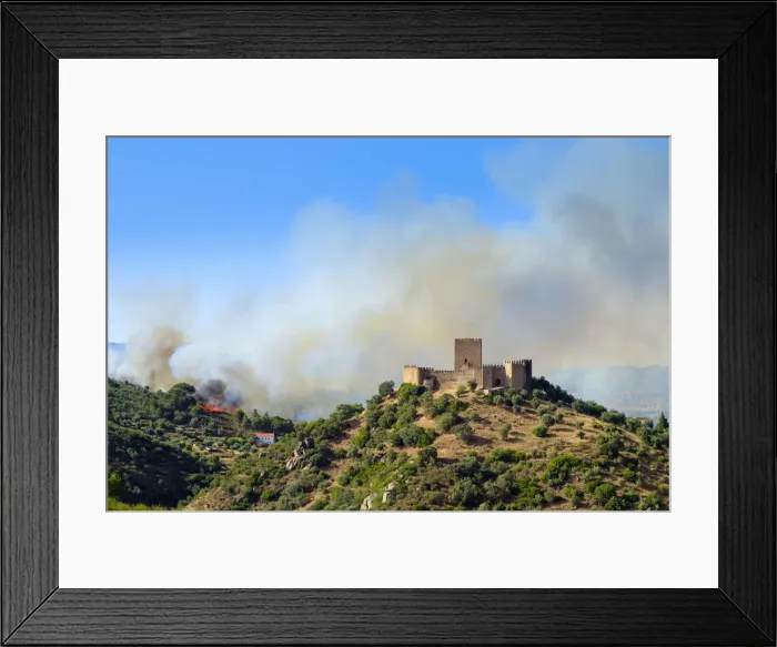 Framed Print : Europe, Iberia, Portugal, Ribatejo, Belver castle, forest fires around the castle