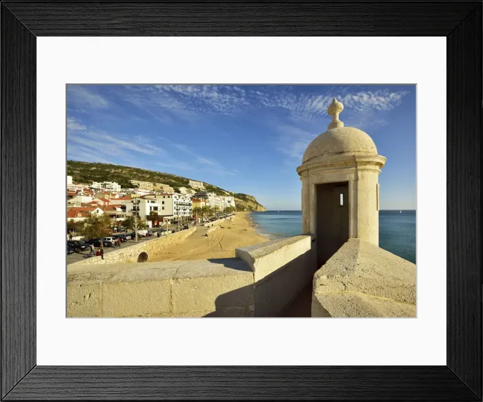 Framed Print : The coastal fishing village of Sesimbra and the beach. Portugal Framed Print : The coastal fishing village of Sesimbra and the beach. Portugal