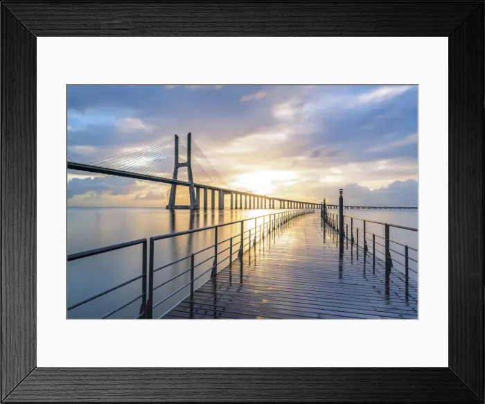 Framed Print : Lisbon, Portugal. Vasco Da Gama bridge at sunrise, the longest bridge in Europe Framed Print : Lisbon, Portugal. Vasco Da Gama bridge at sunrise, the longest bridge in Europe