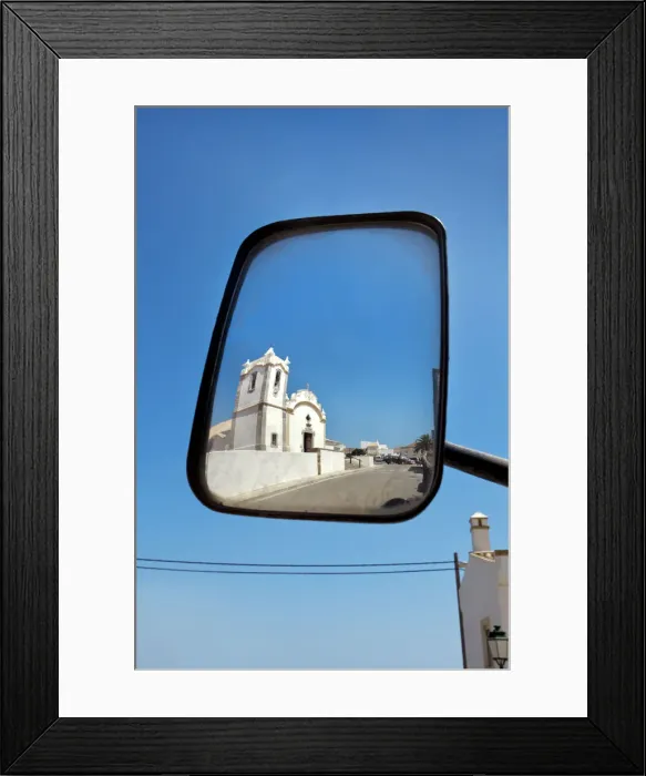 Framed Print : Church reflected in wing mirror, Vila do Bispo, Costa Vicentina, Algarve, Portugal Framed Print : Church reflected in wing mirror, Vila do Bispo, Costa Vicentina, Algarve, Portugal
