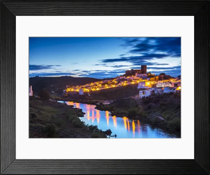 Framed Print : Sunset view over Guadiana River to old town with castle, Mertola, Alentejo, Portugal Framed Print : Sunset view over Guadiana River to old town with castle, Mertola, Alentejo, Portugal