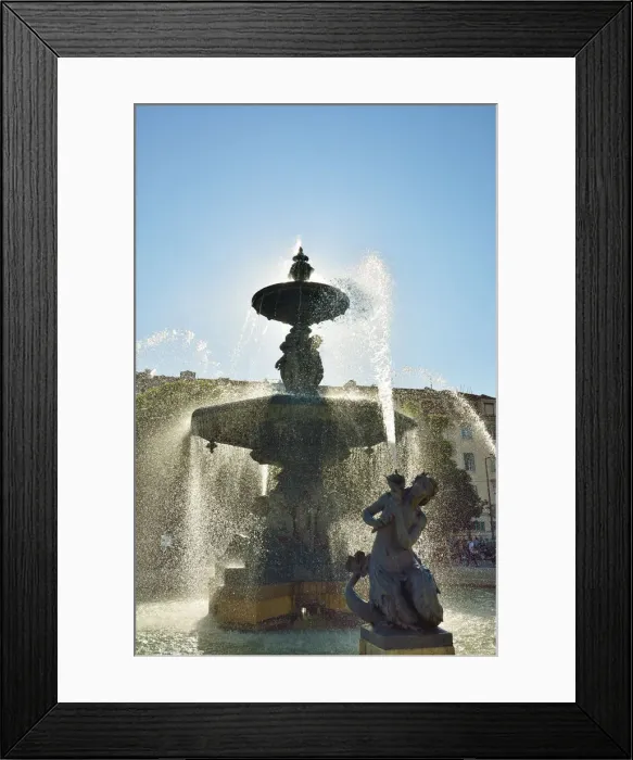 Framed Print : Fountain dating back to 1889, in the centre of the Praca Dom Pedro IV, with mythological Framed Print : Fountain dating back to 1889, in the centre of the Praca Dom Pedro IV, with mythological