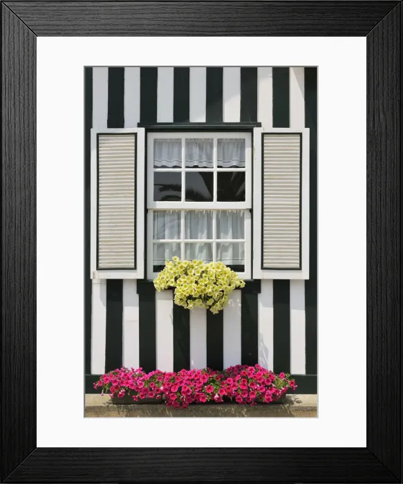 Framed Print : Window of a traditional striped painted house in the little seaside village of Costa Nova Framed Print : Window of a traditional striped painted house in the little seaside village of Costa Nova