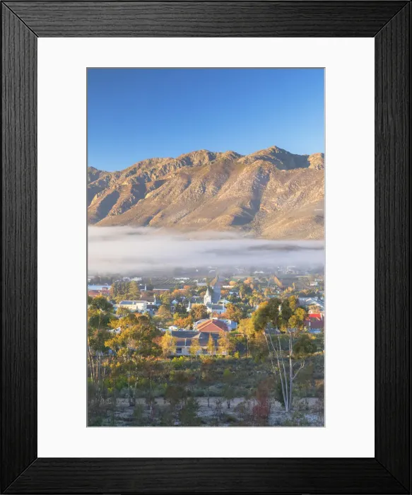 Framed Print : View of mist over Montagu at dawn, Western Cape, South Africa Framed Print : View of mist over Montagu at dawn, Western Cape, South Africa