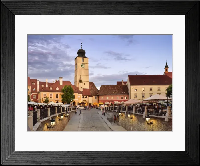 Framed Print : Old Town Hall Tower (Council Tower) and Piata Mica at dusk. Sibiu, Transylvania. Romania Framed Print : Old Town Hall Tower (Council Tower) and Piata Mica at dusk. Sibiu, Transylvania. Romania