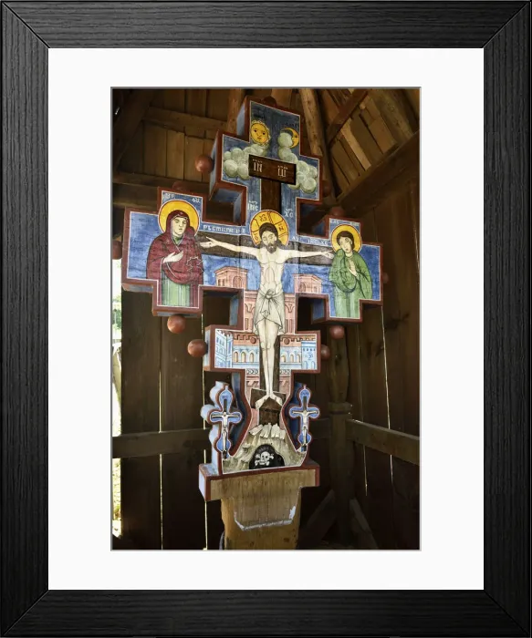 Framed Print : Traditional wooden crossroad crucifix, Sibiel, Sibiu county