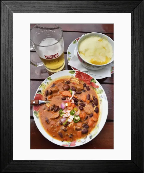 Framed Print : Traditional pork goulash prepared with hot sausages and red beans and traditional Framed Print : Traditional pork goulash prepared with hot sausages and red beans and traditional