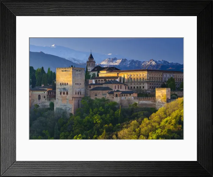 Framed Print : Spain, Andalucia, Granada Province, Granada, Alhambra Palace and Sierra Nevada mountains