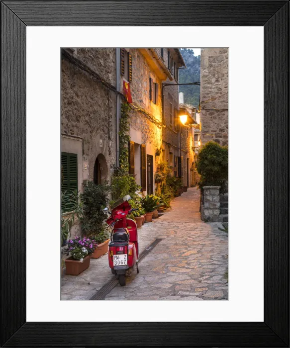 Framed Print : Vespa in the street in Valldemossa, Serra de Tramuntana, Mallorca (Majorca), Balearic Framed Print : Vespa in the street in Valldemossa, Serra de Tramuntana, Mallorca (Majorca), Balearic