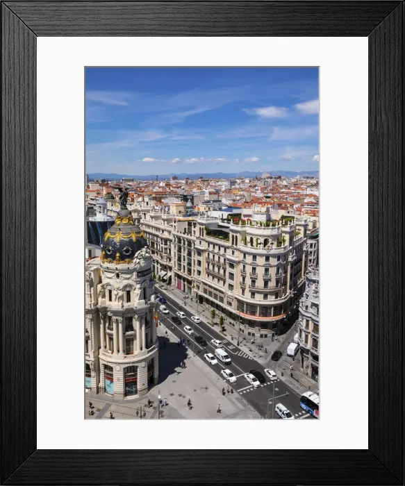 Framed Print : Elevated View of Metropolis Building, Grand Via and Madrid, Madrid, Spain