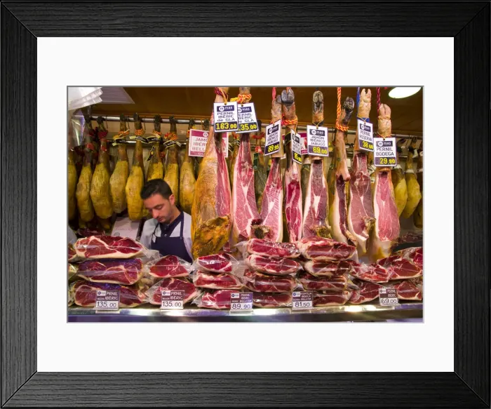 Framed Print : Spain, Barcelona, La Rambla, La Boqueria Market, Ham for sale Framed Print : Spain, Barcelona, La Rambla, La Boqueria Market, Ham for sale