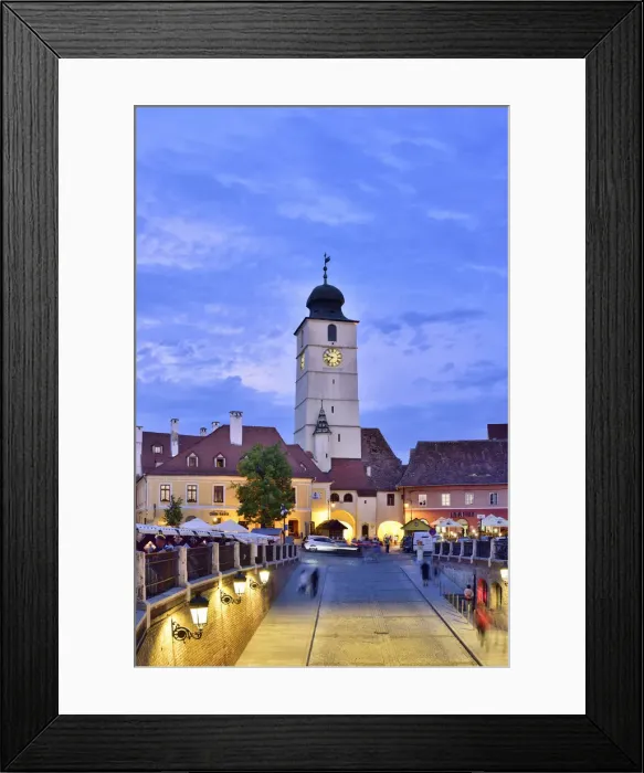 Framed Print : Old Town Hall Tower (Council Tower) and Piata Mica at dusk. Sibiu, Transylvania. Romania