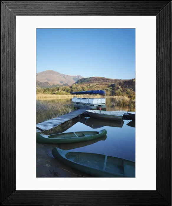 Framed Print : Canoes on lake with Drakensberg mountains in background, Ukhahlamba-Drakensberg Park Framed Print : Canoes on lake with Drakensberg mountains in background, Ukhahlamba-Drakensberg Park
