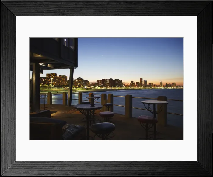Framed Print : View of city skyline from Moyo restaurant on Addington Beach pier, Durban, KwaZulu-Natal Framed Print : View of city skyline from Moyo restaurant on Addington Beach pier, Durban, KwaZulu-Natal