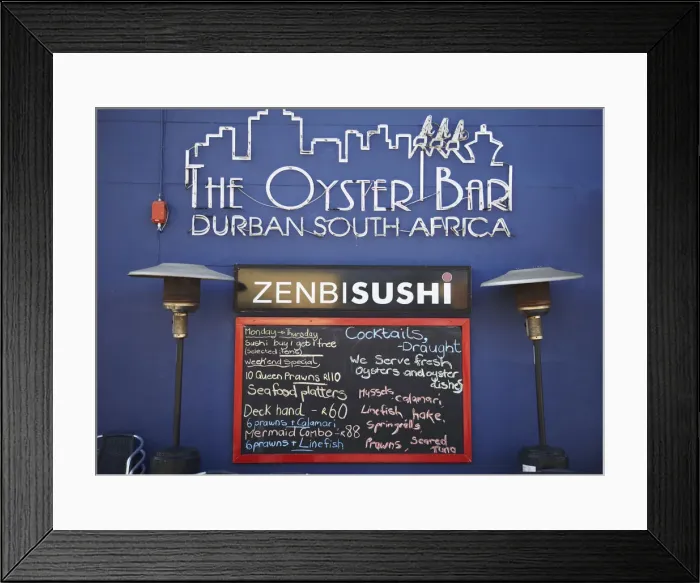 Framed Print : Menu of oyster restaurant on Wilsons Wharf, Victoria Embankment, Durban Framed Print : Menu of oyster restaurant on Wilsons Wharf, Victoria Embankment, Durban