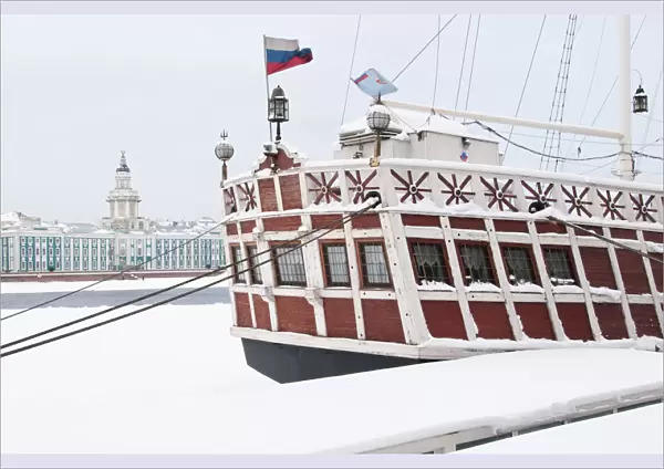 Vessel on the Neva River with The Kunstkammer museum in the background, Saint Petersburg