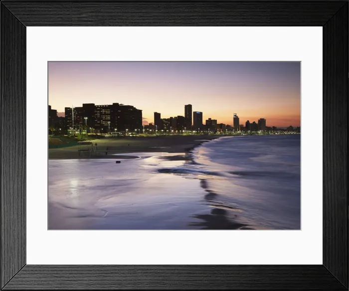 Framed Print : View of city skyline and beachfront at sunset, Durban, KwaZulu-Natal, South Africa Framed Print : View of city skyline and beachfront at sunset, Durban, KwaZulu-Natal, South Africa