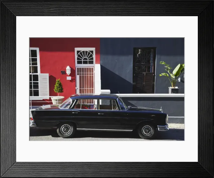 Framed Print : Vintage car parked outside colourful houses, Waterkant, Cape Town, Western Cape, South Framed Print : Vintage car parked outside colourful houses, Waterkant, Cape Town, Western Cape, South