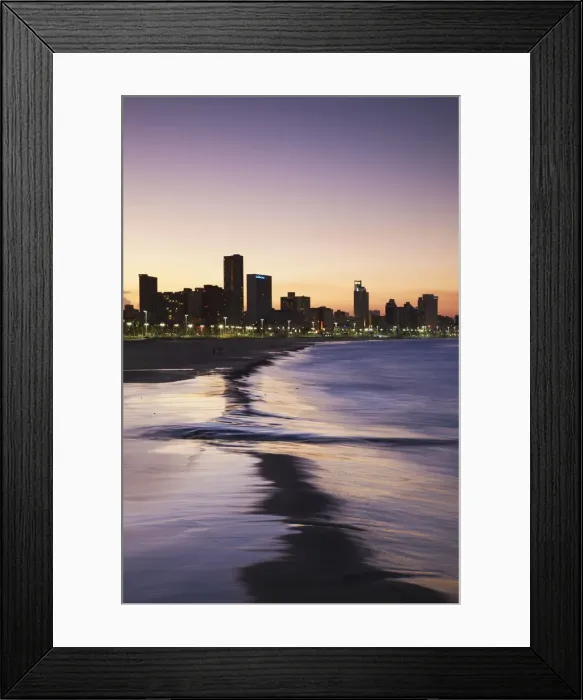 Framed Print : View of city skyline and beachfront at sunset, Durban, KwaZulu-Natal, South Africa Framed Print : View of city skyline and beachfront at sunset, Durban, KwaZulu-Natal, South Africa