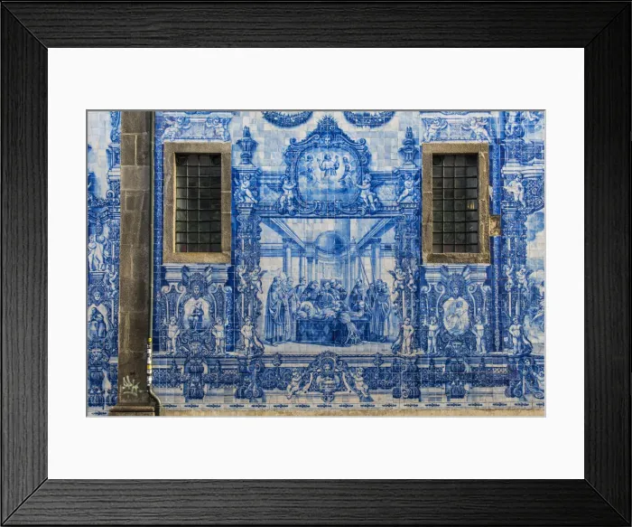 Framed Print : Traditional azulejos hand-painted tiles covering the exterior wall of the Capela das Framed Print : Traditional azulejos hand-painted tiles covering the exterior wall of the Capela das