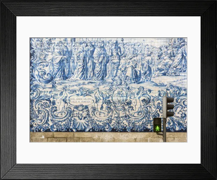 Framed Print : Traditional azulejos hand-painted tiles covering the exterior wall of the Igreja dos Framed Print : Traditional azulejos hand-painted tiles covering the exterior wall of the Igreja dos