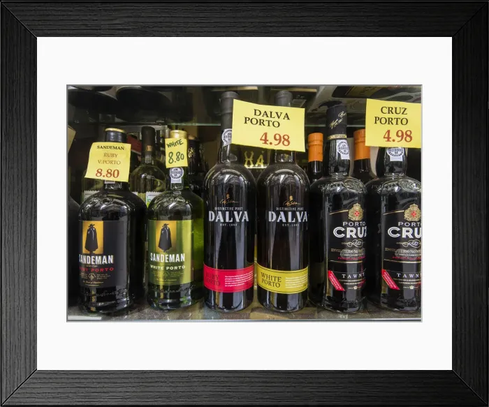 Framed Print : Bottles of Porto wine on sale in a grocery store, Porto, Portugal Framed Print : Bottles of Porto wine on sale in a grocery store, Porto, Portugal