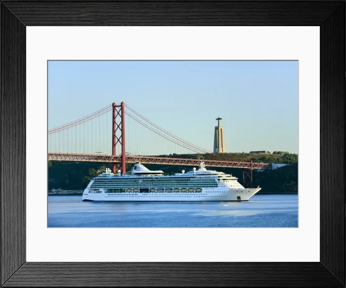 Framed Print : A cruise ship in the Tagus river, leaving the port of Lisbon, passes beneath the 25 Framed Print : A cruise ship in the Tagus river, leaving the port of Lisbon, passes beneath the 25