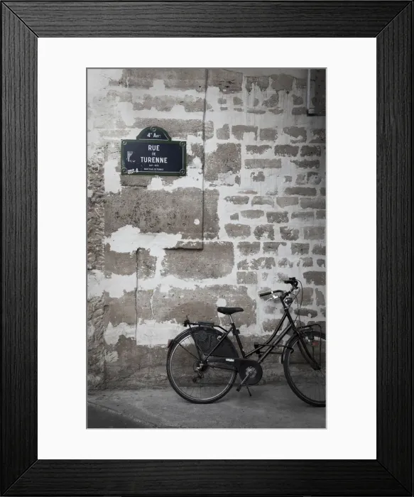 Framed Print : Bicycle and street sign, Paris, France Framed Print : Bicycle and street sign, Paris, France
