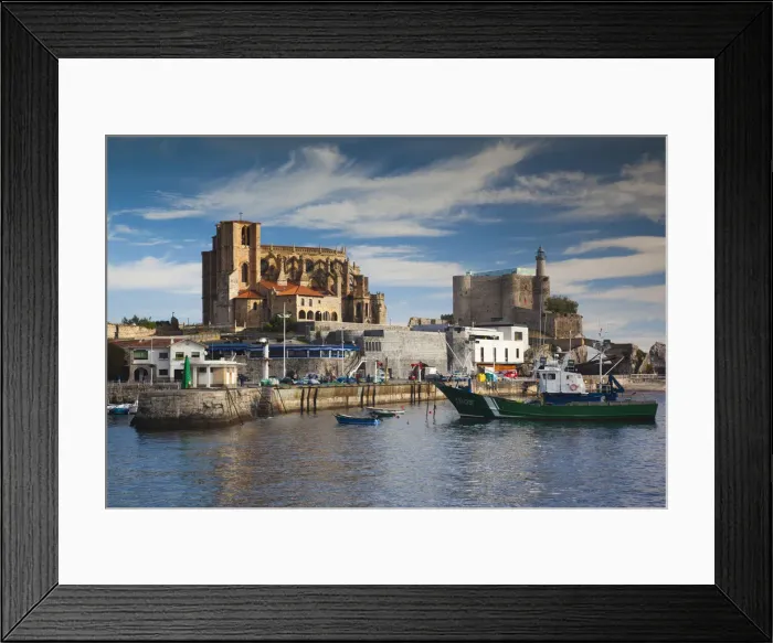 Framed Print : Spain, Cantabria Region, Cantabria Province, Castro-Urdiales, view of town and harbor Framed Print : Spain, Cantabria Region, Cantabria Province, Castro-Urdiales, view of town and harbor