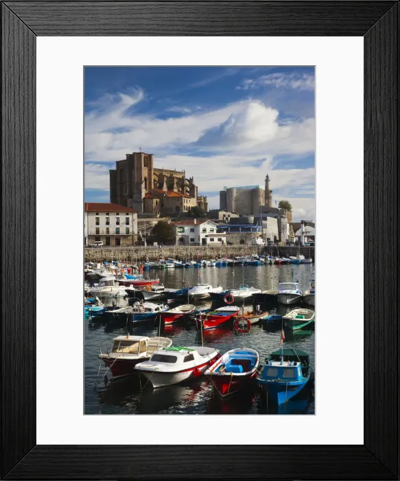 Framed Print : Spain, Cantabria Region, Cantabria Province, Castro-Urdiales, view of town and harbor