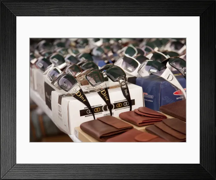 Framed Print : Fake designer sunglasses in market, Fuerteventura, Canary Islands, Spain Framed Print : Fake designer sunglasses in market, Fuerteventura, Canary Islands, Spain