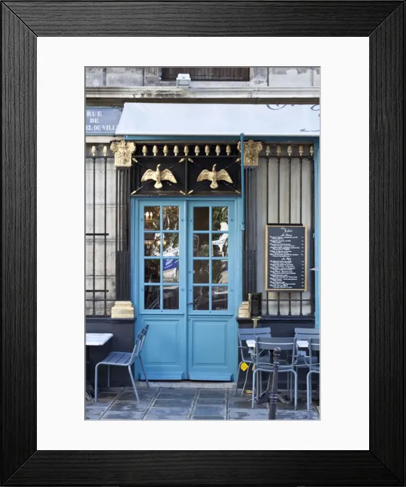 Framed Print : Blue doors of cafe, Marais District, Paris, France Framed Print : Blue doors of cafe, Marais District, Paris, France