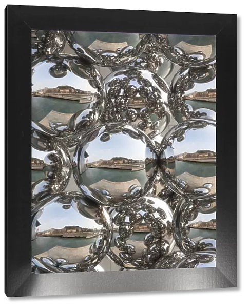 Spain, Basque Country Region, Vizcaya Province, Bilbao, city reflection in chrome spheres