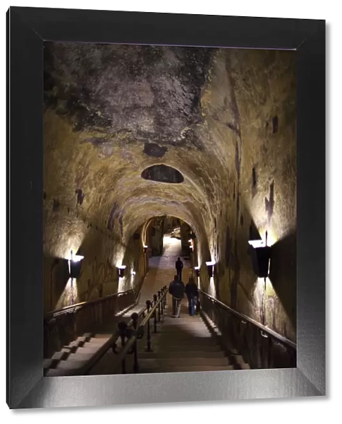 France, Marne, Champagne Ardenne, Reims, Pommery champagne winery, passageway to