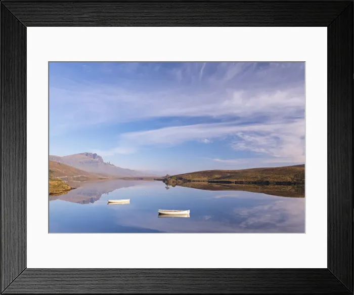 Framed Print : Boats on a mirror still Loch Fada, Isle of Skye, Scotland, UK. Autumn (November) 2015 Framed Print : Boats on a mirror still Loch Fada, Isle of Skye, Scotland, UK. Autumn (November) 2015