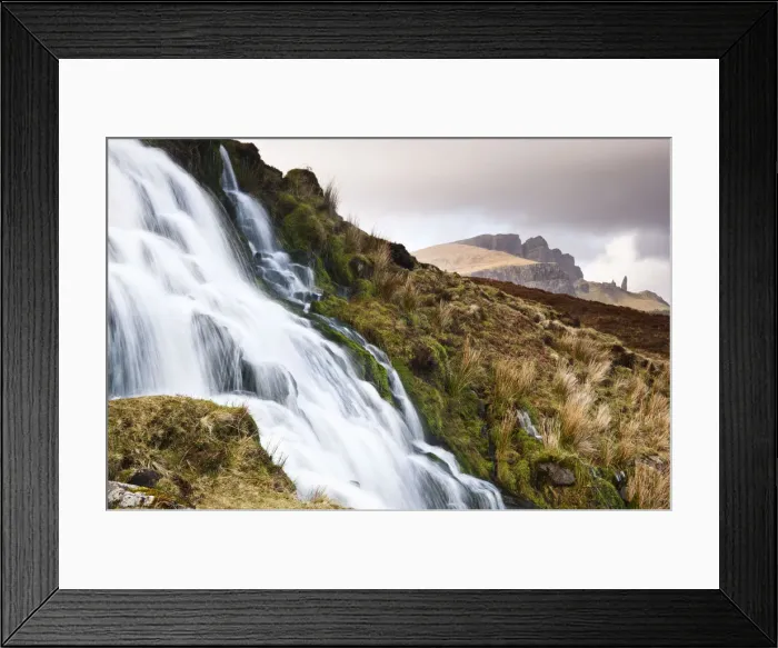 Framed Print : A waterfall with the Old Man of Storr in the background, Isle of Skye, Scotland, UK Framed Print : A waterfall with the Old Man of Storr in the background, Isle of Skye, Scotland, UK