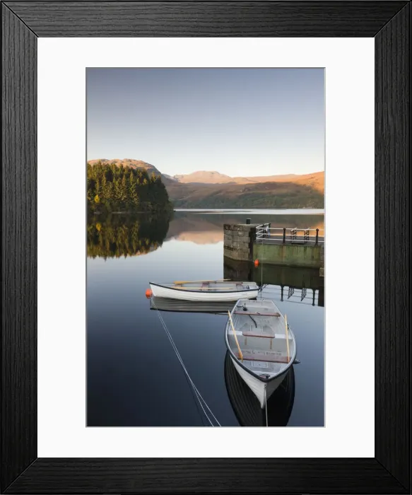 Framed Print : Rowing boats moored on Loch Katrine at Stronachlachar, Stirling, Scotland. Autumn Framed Print : Rowing boats moored on Loch Katrine at Stronachlachar, Stirling, Scotland. Autumn