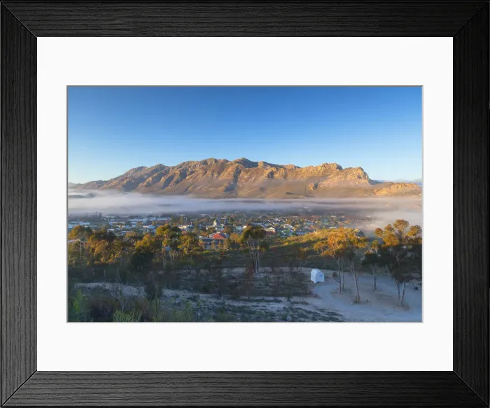 Framed Print : View of mist over Montagu at dawn, Western Cape, South Africa Framed Print : View of mist over Montagu at dawn, Western Cape, South Africa