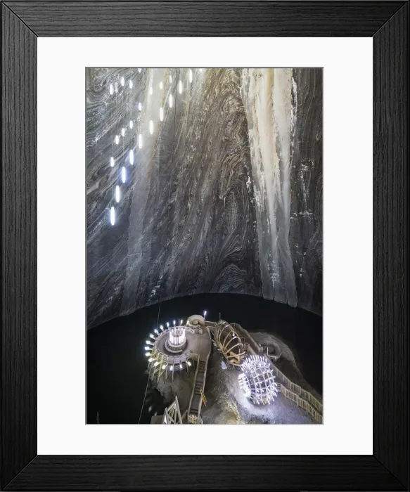 Framed Print : Romania, Transylvania, Cluj-Napoca. An aerial view of the Terezia Mine at Salina Turda