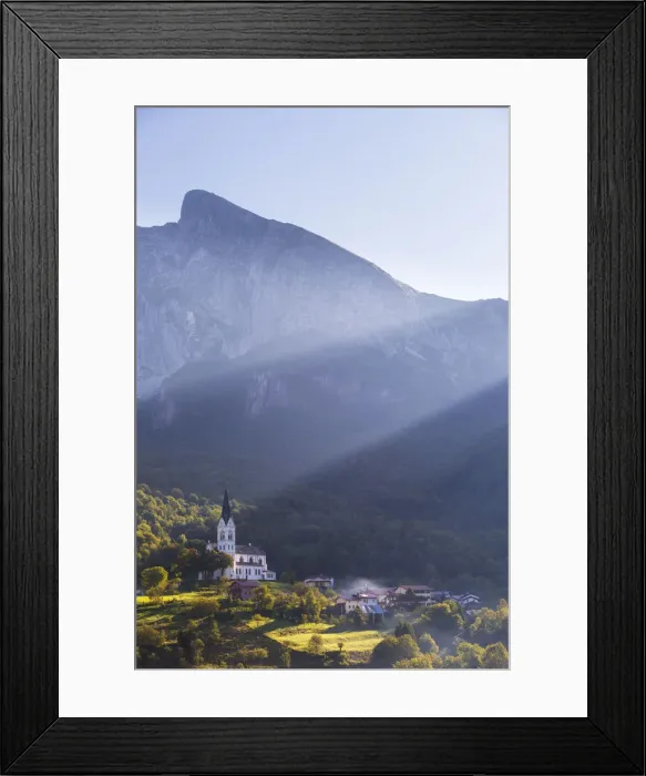 Framed Print : Slovenia, Goriska Region, Dreznica. The Church of the Sacred Heart, backdropped by Framed Print : Slovenia, Goriska Region, Dreznica. The Church of the Sacred Heart, backdropped by