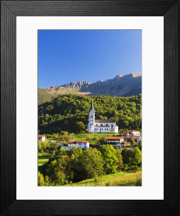 Framed Print : Slovenia, Goriska Region, Dreznica. The Church of the Sacred Heart, backdropped by Framed Print : Slovenia, Goriska Region, Dreznica. The Church of the Sacred Heart, backdropped by