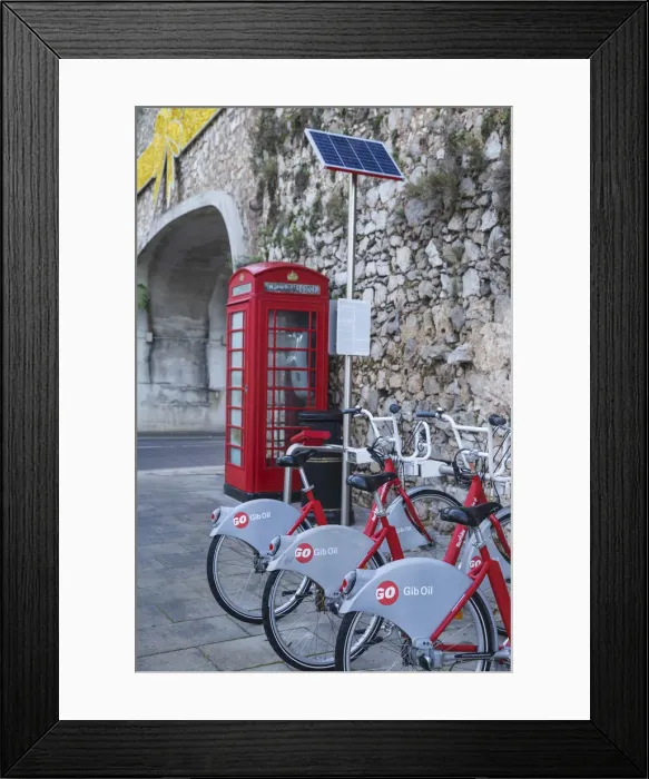 Framed Print : Gibraltar, Gibraltar, British red telephone box and hire bikes by Southport Gates Framed Print : Gibraltar, Gibraltar, British red telephone box and hire bikes by Southport Gates