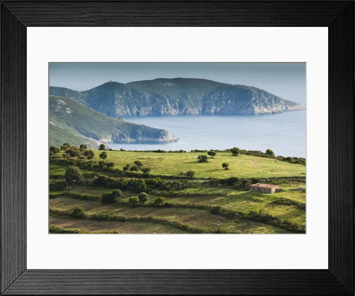 Framed Print : France, Corsica, Corse-du-Sud Department, Calanche Region, Piana, elevated view towards Framed Print : France, Corsica, Corse-du-Sud Department, Calanche Region, Piana, elevated view towards