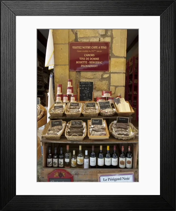 Framed Print : Shop selling sausages and wine, Domme, Dordogne, Aquitaine, France Framed Print : Shop selling sausages and wine, Domme, Dordogne, Aquitaine, France