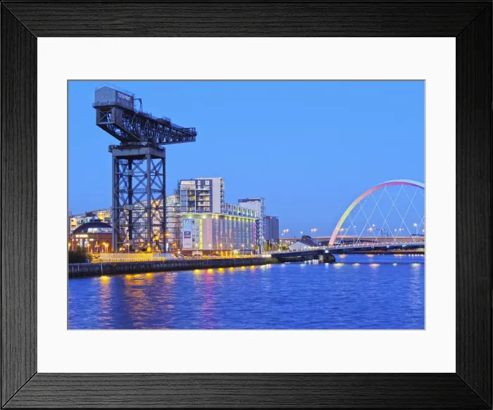 Framed Print : UK, Scotland, Lowlands, Glasgow, Twilight view of the Finnieston Crane and the Clyde Arc Framed Print : UK, Scotland, Lowlands, Glasgow, Twilight view of the Finnieston Crane and the Clyde Arc