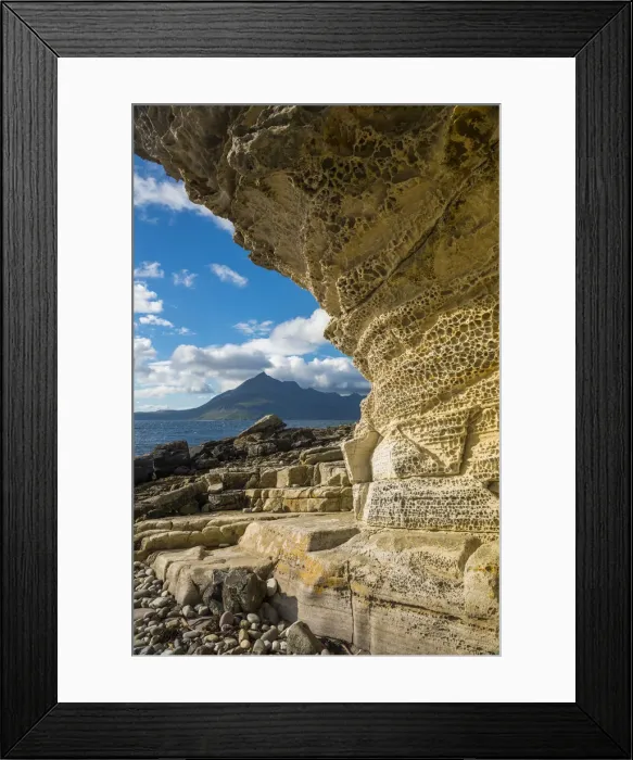 Framed Print : Weathered Cliffs & The Cuillins, Elgol, Isle of Skye, Scotland