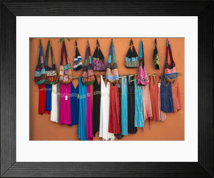 Framed Print : Greece, Attica, Athens, Clothes and bags for sale in Plaka Framed Print : Greece, Attica, Athens, Clothes and bags for sale in Plaka
