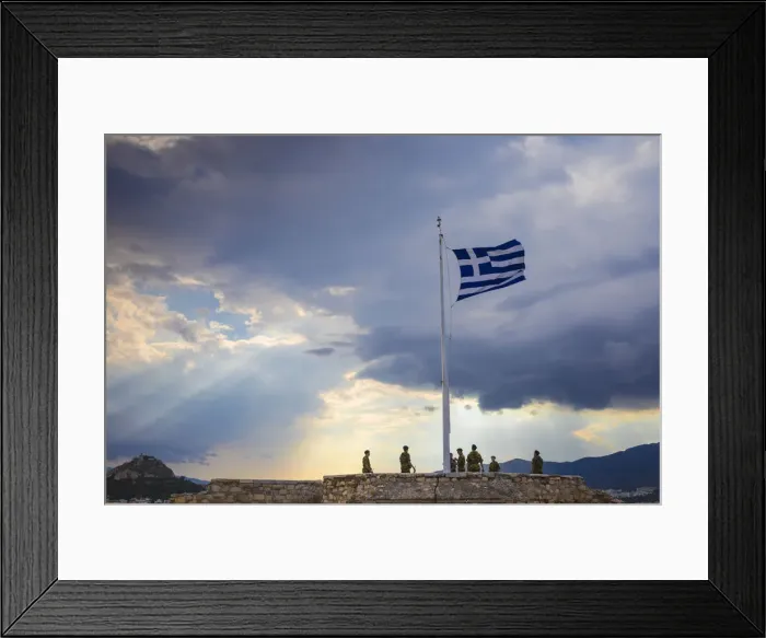 Framed Print : Greece, Attica, Athens, Flag raising ceremony at The Acropolis Framed Print : Greece, Attica, Athens, Flag raising ceremony at The Acropolis